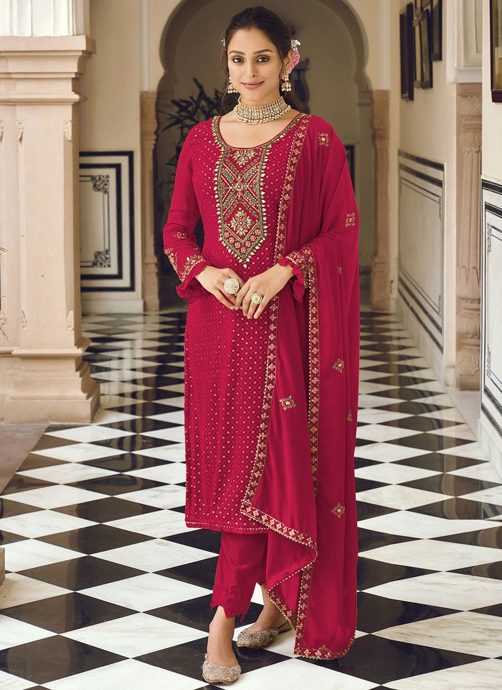 Salwar Suit Faux Georgette Magenta Embroidered Salwar Kameez