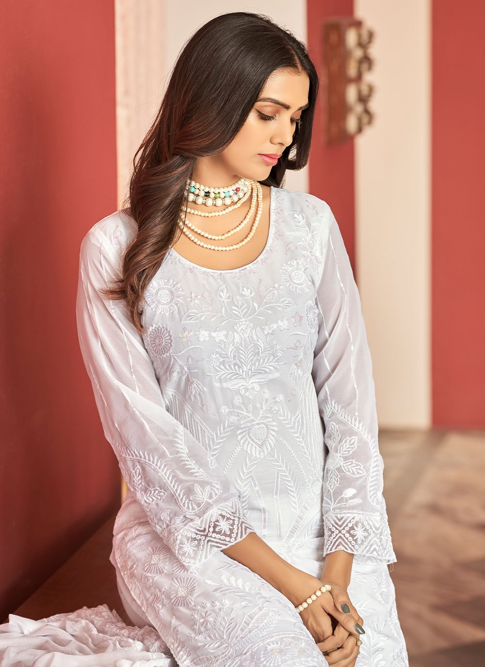 Salwar Suit Faux Georgette White Embroidered Salwar Kameez