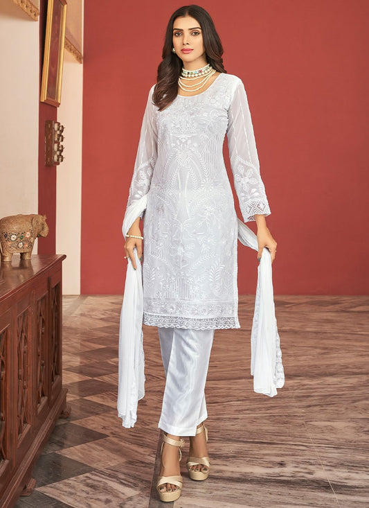 Salwar Suit Faux Georgette White Embroidered Salwar Kameez