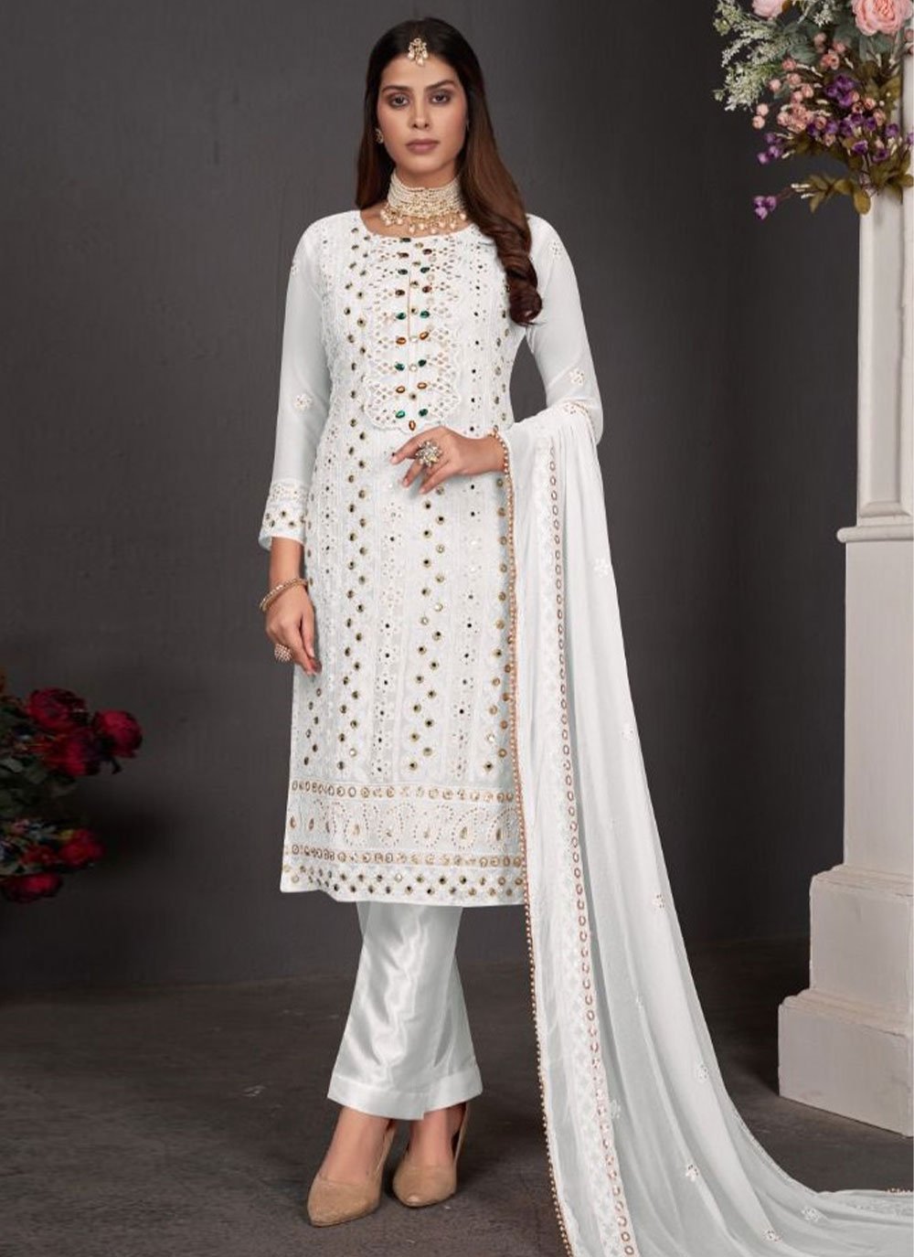 Straight Salwar Suit Faux Georgette White Embroidered Salwar Kameez
