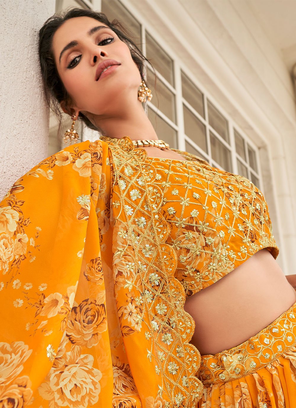 Lehenga Choli Faux Georgette Yellow Digital Print Lehenga Choli