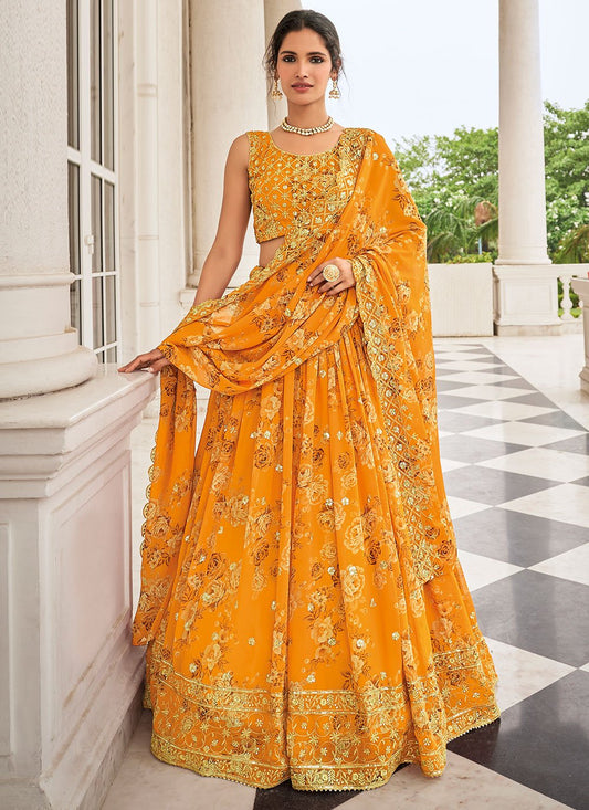 Lehenga Choli Faux Georgette Yellow Digital Print Lehenga Choli