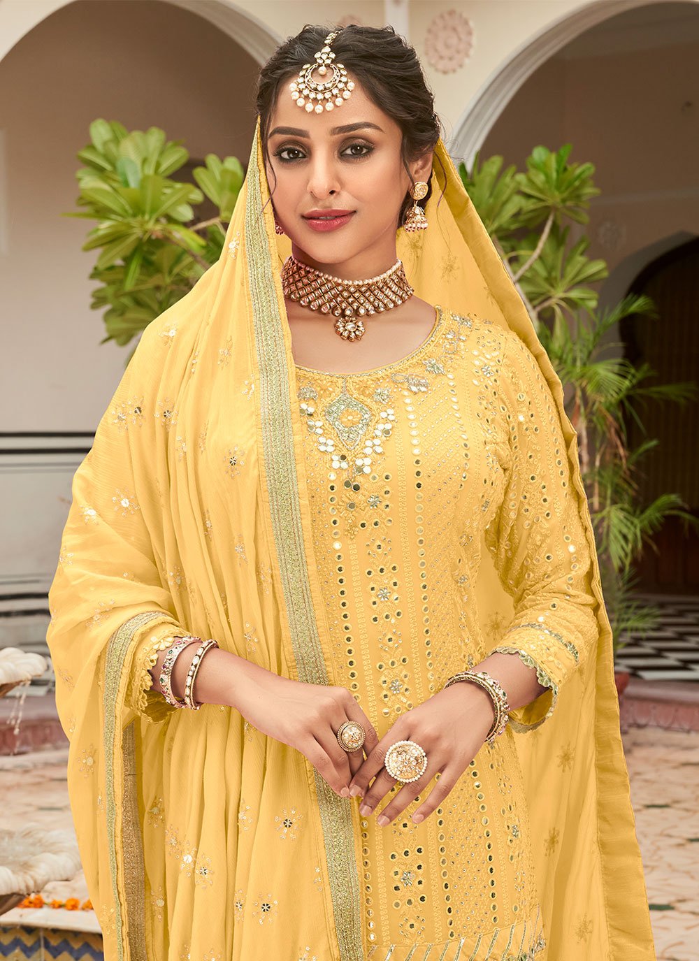 Salwar Suit Faux Georgette Yellow Embroidered Salwar Kameez