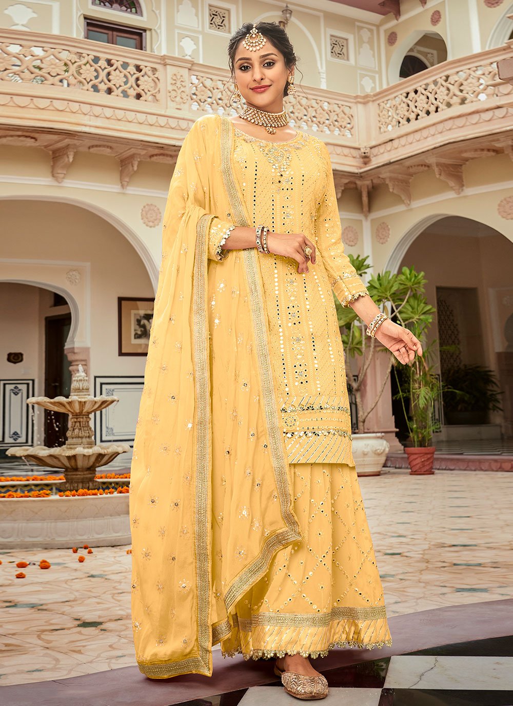 Salwar Suit Faux Georgette Yellow Embroidered Salwar Kameez