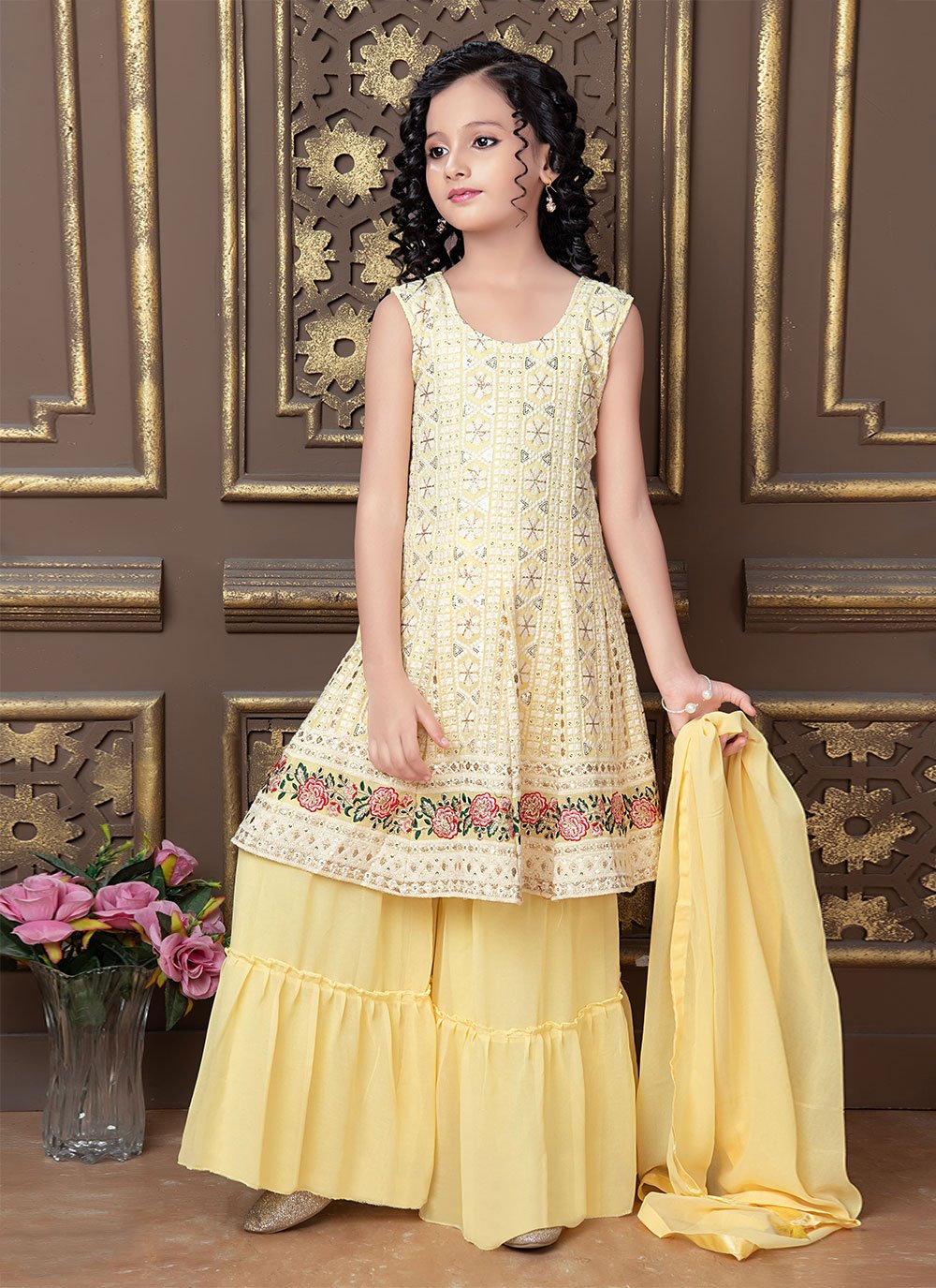 Salwar Suit Faux Georgette Yellow Embroidered Kids