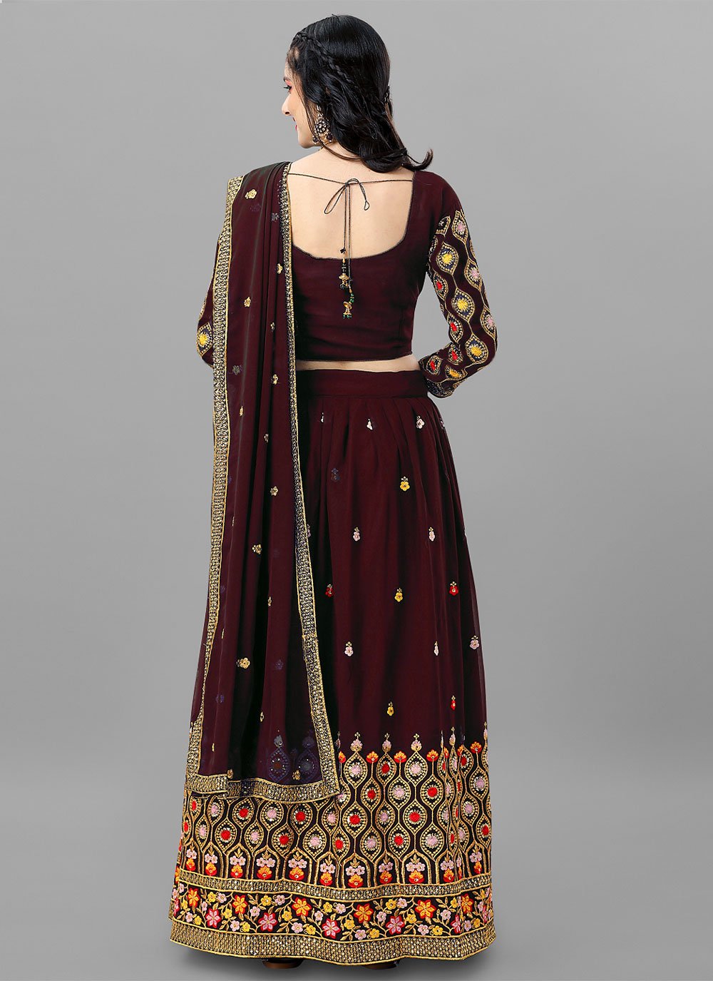 A Line Lehenga Faux Georgette Maroon Cord Work Lehenga Choli