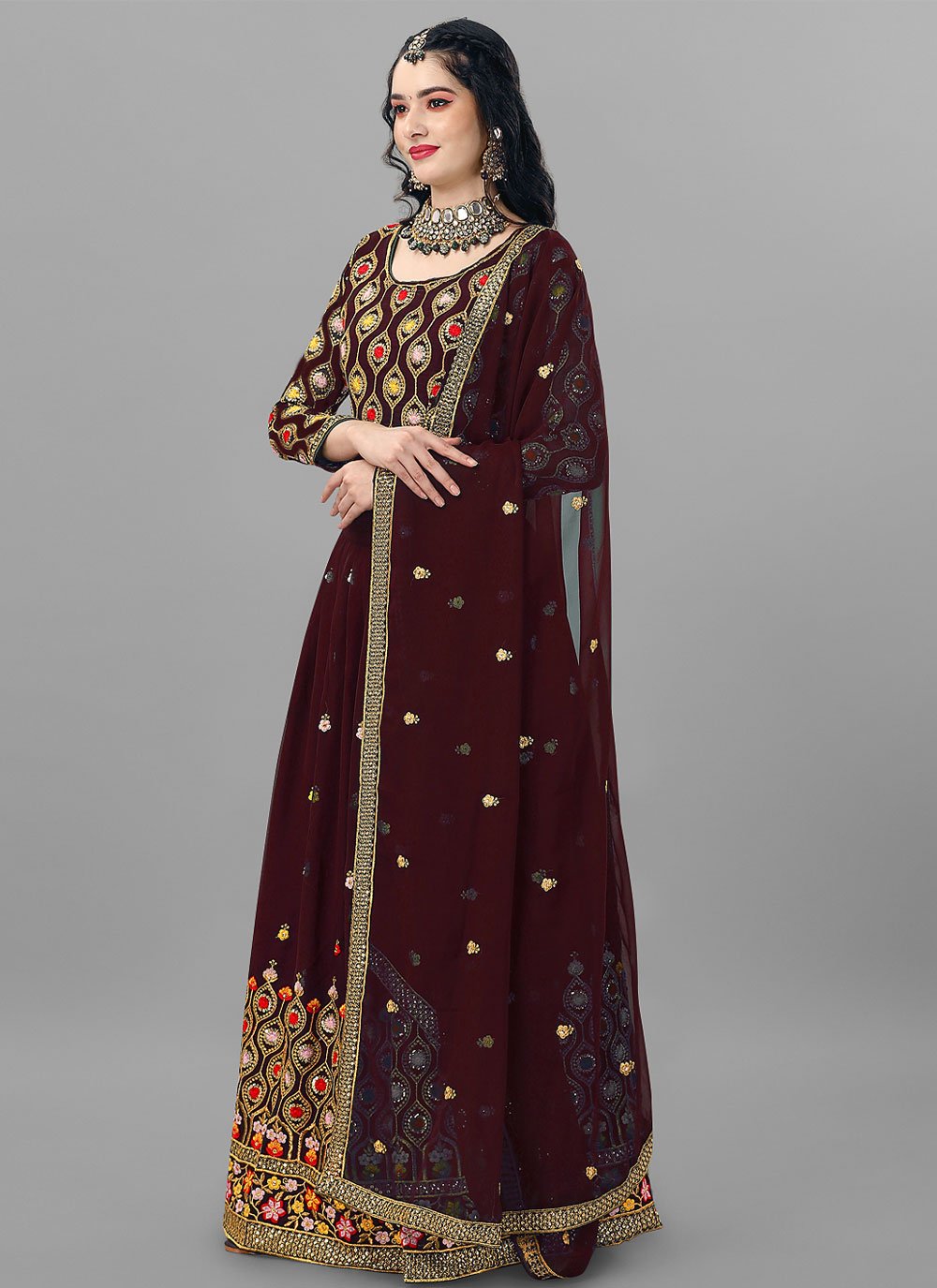 A Line Lehenga Faux Georgette Maroon Cord Work Lehenga Choli