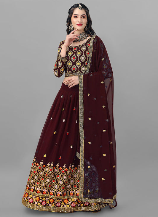 A Line Lehenga Faux Georgette Maroon Cord Work Lehenga Choli