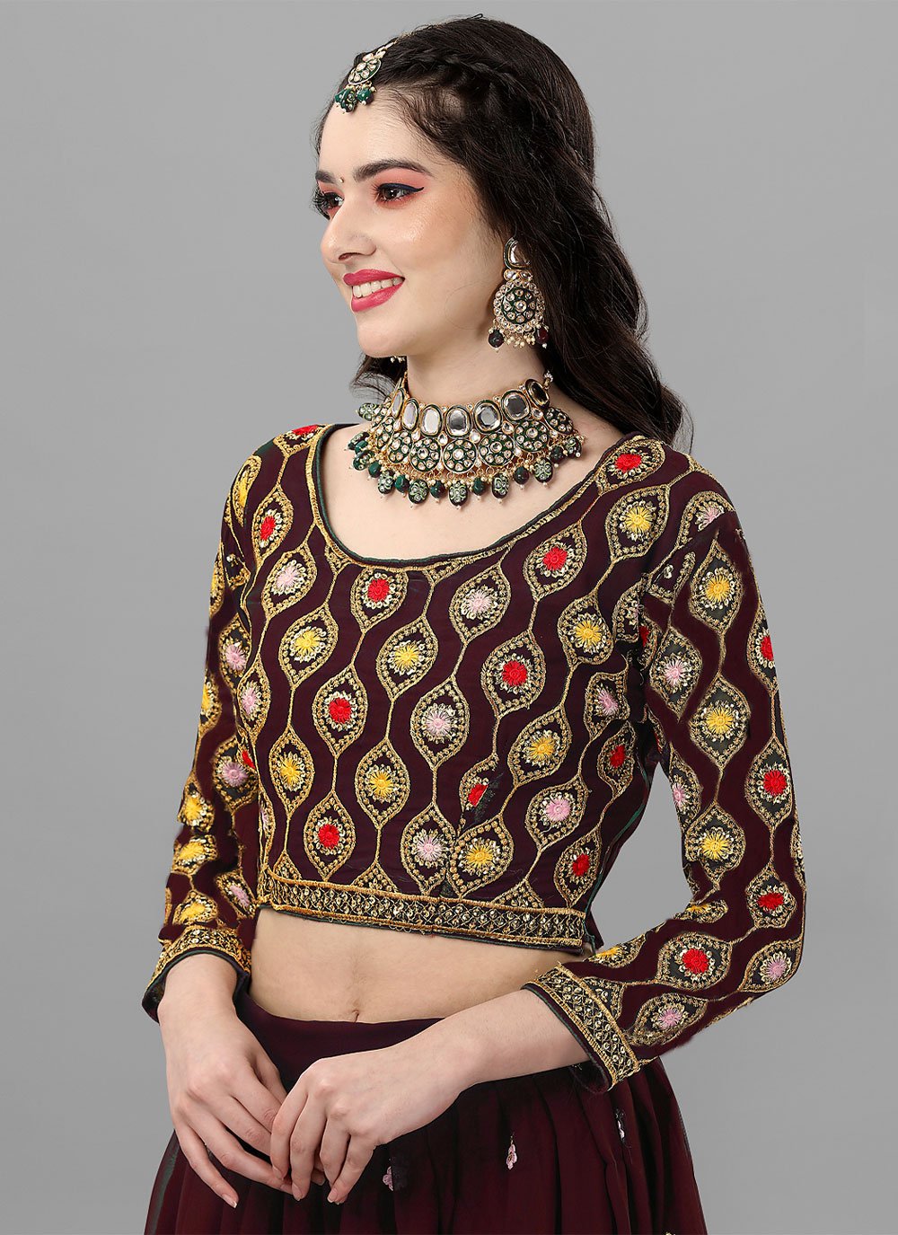 A Line Lehenga Faux Georgette Maroon Cord Work Lehenga Choli