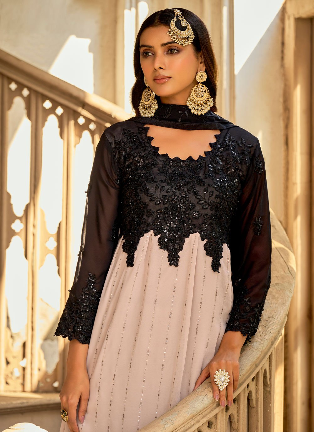 Pakistani Salwar Suit Faux Georgette Black Peach Embroidered Salwar Kameez