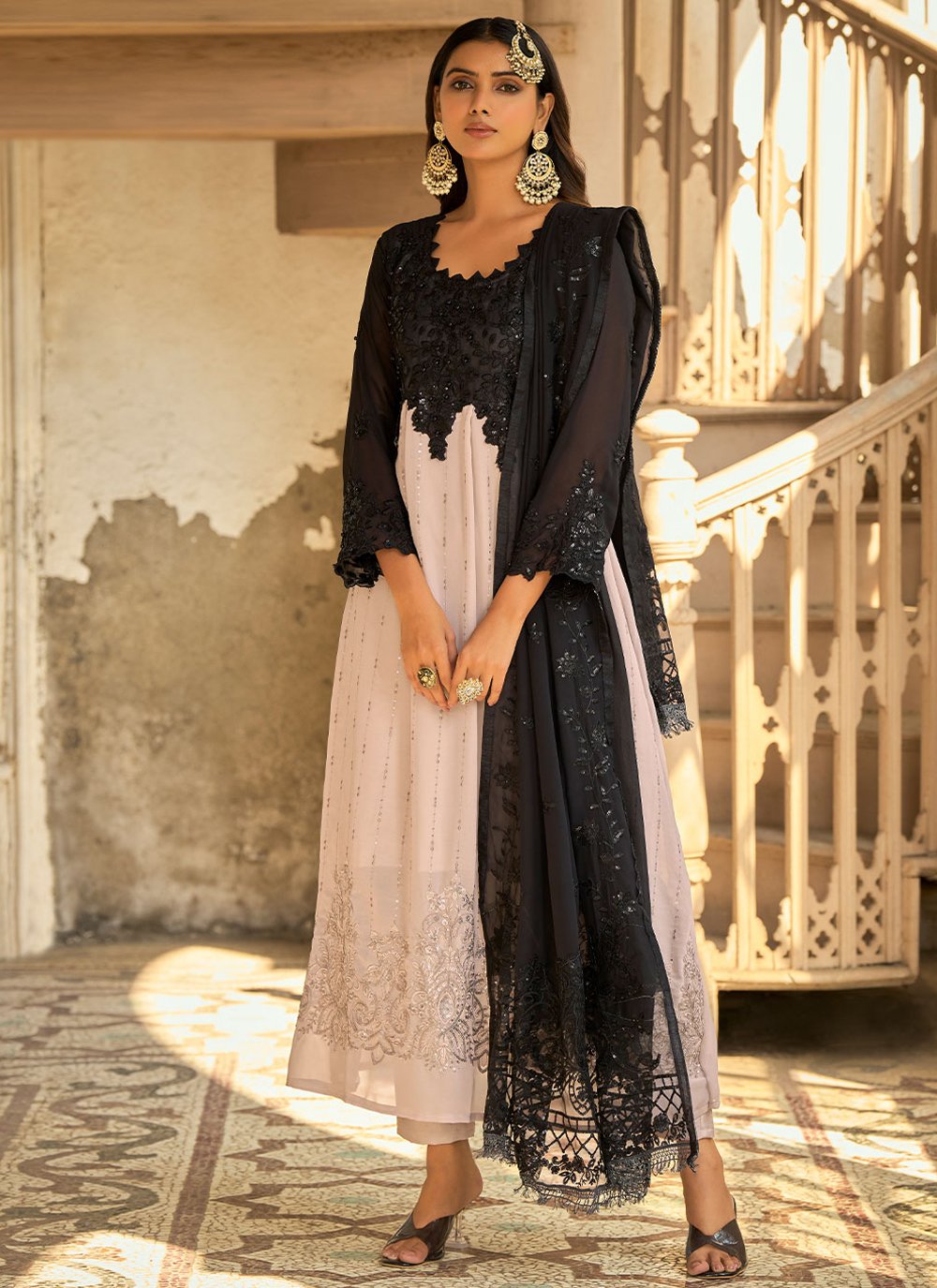 Pakistani Salwar Suit Faux Georgette Black Peach Embroidered Salwar Kameez