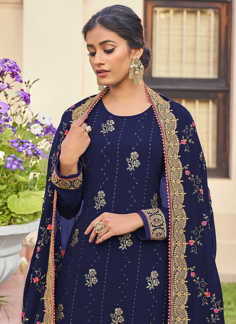 Salwar Suit Faux Georgette Blue Embroidered Salwar Kameez