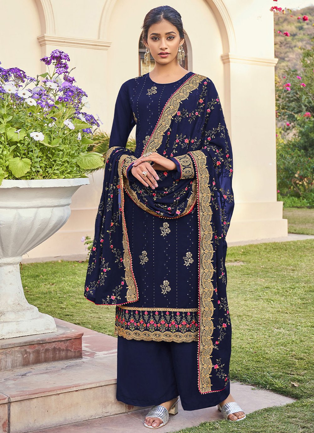 Salwar Suit Faux Georgette Blue Embroidered Salwar Kameez