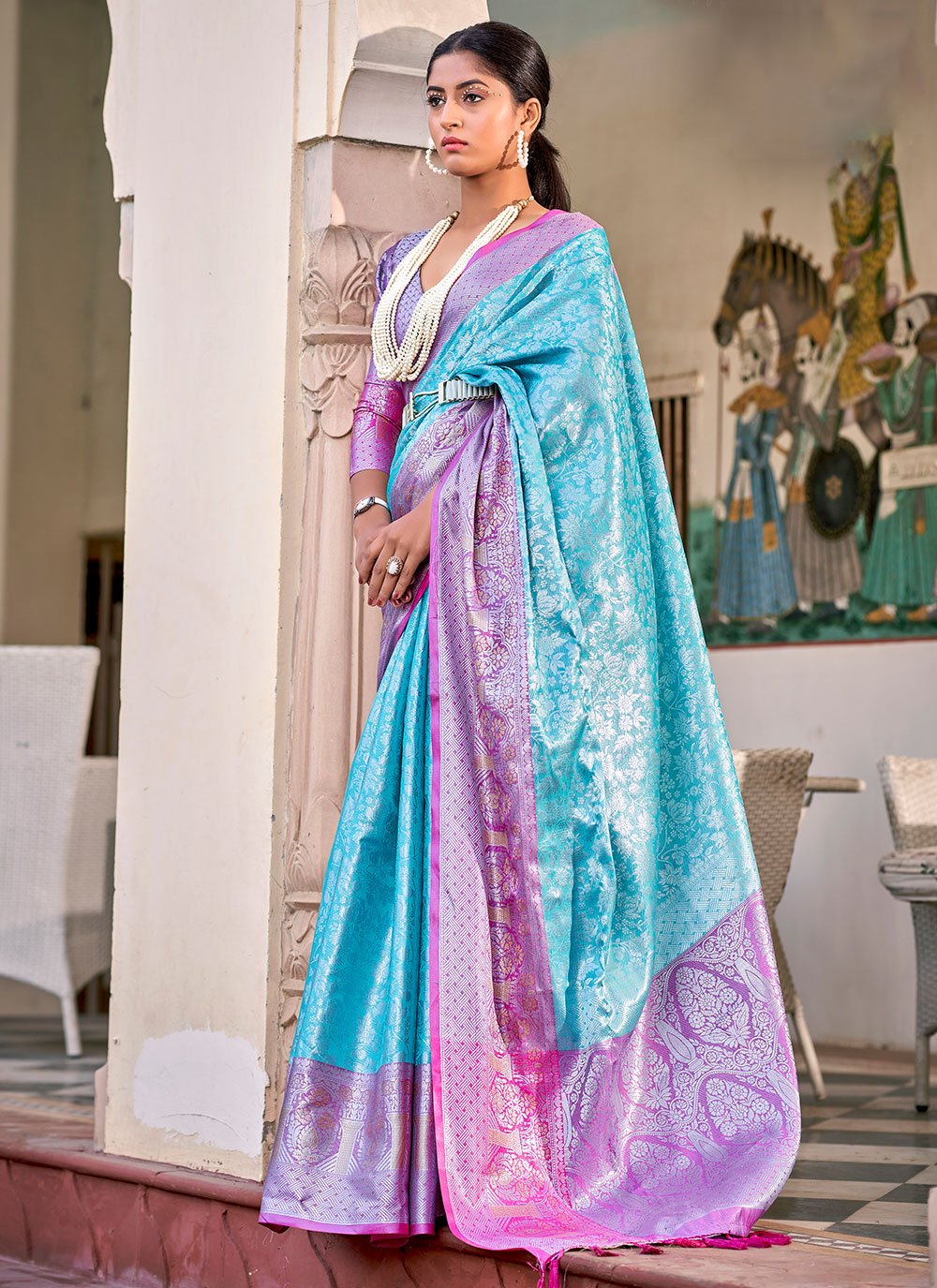 Classic Silk Tissue Firozi Lavender Weaving Saree