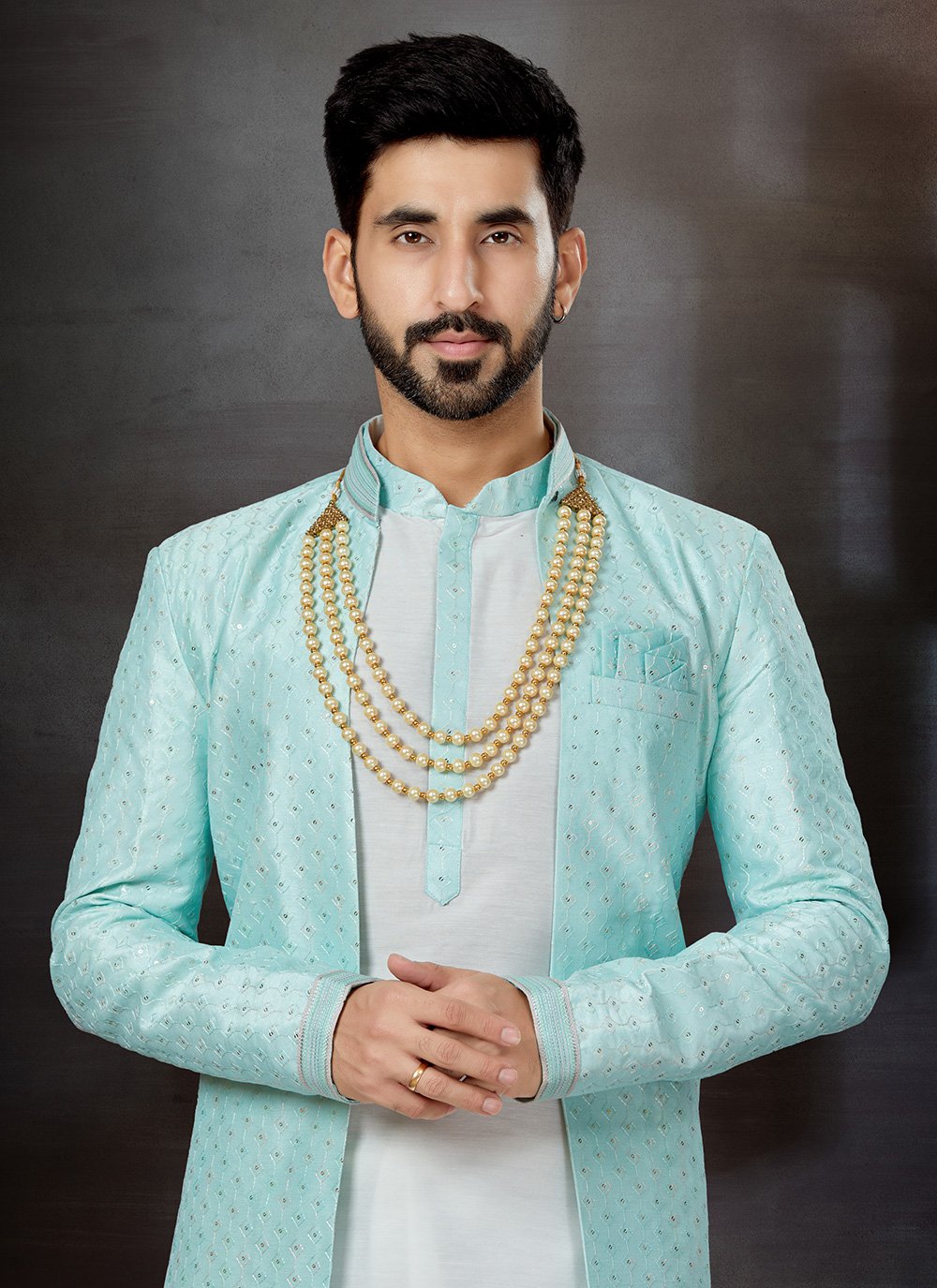 Indo Western Sherwani Dupion Silk Jacquard Firozi Off White Embroidere Kajols Indian Pakistani Fashion Tailoring