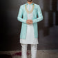 Indo Western Sherwani Dupion Silk Jacquard Firozi Off White Embroidered Mens