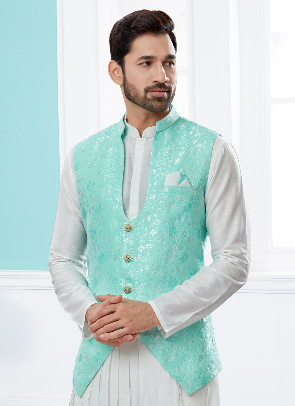 Indo Western Banarasi Silk Dupion Silk Firozi Off White Jacquard Work Mens