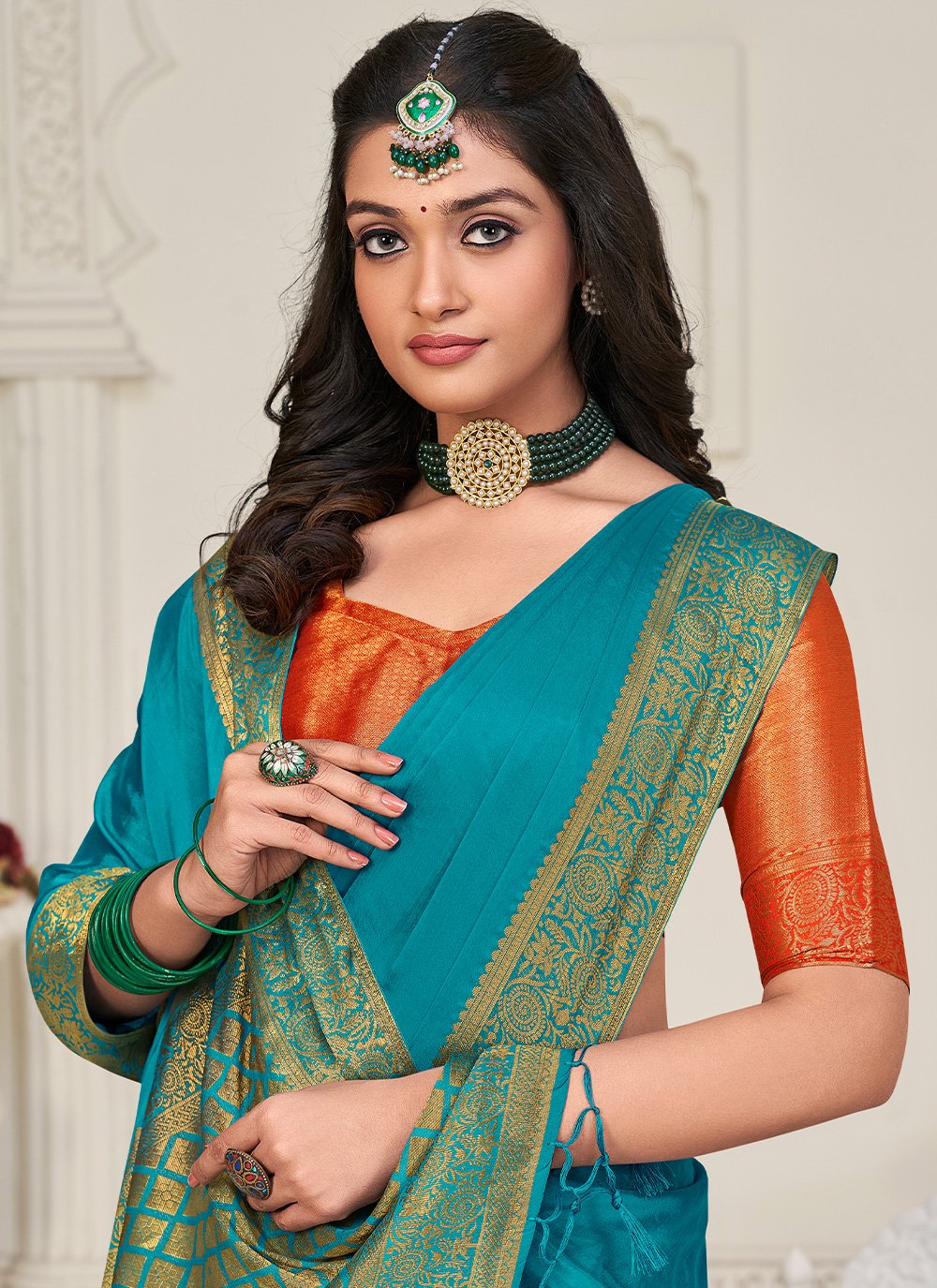 Classic Chinon Silk Firozi Patch Border Saree