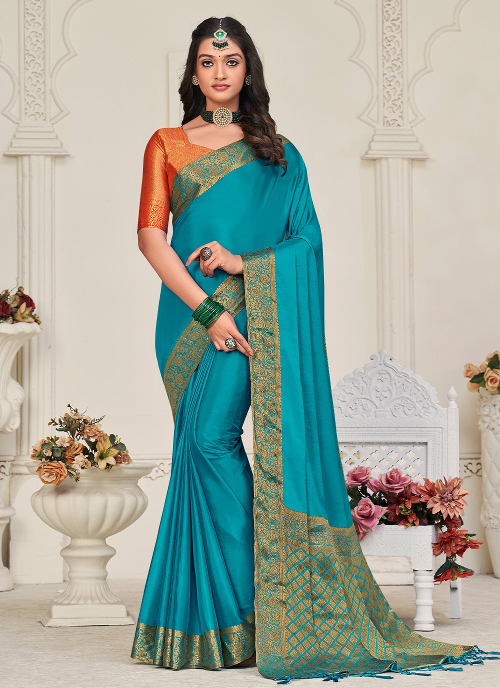 Classic Chinon Silk Firozi Patch Border Saree