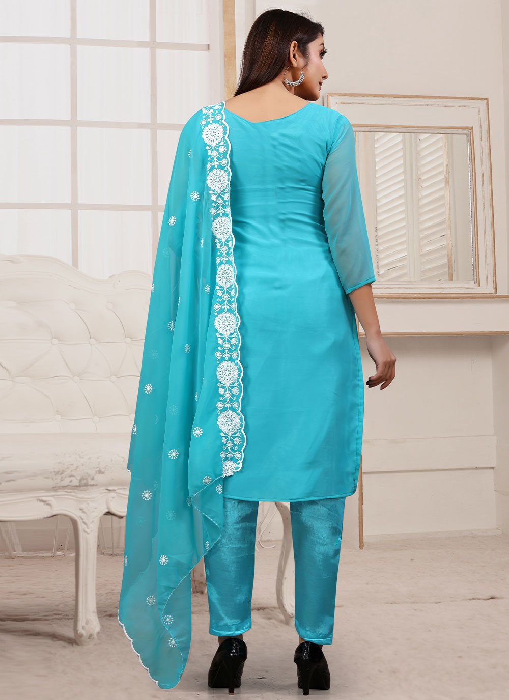 Floor Lenght Salwar Suit Georgette Firozi Embroidered Salwar Kameez