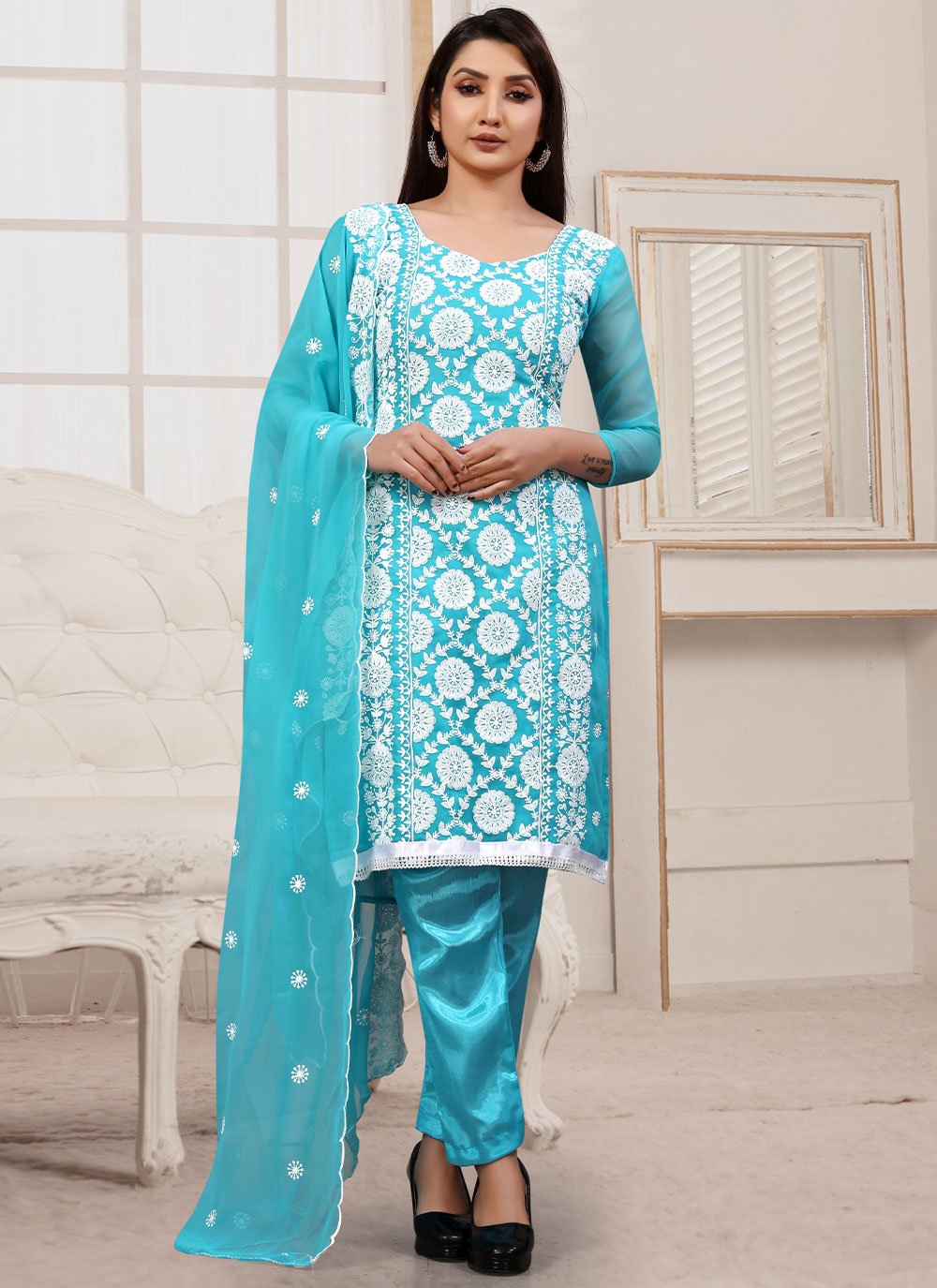 Floor Lenght Salwar Suit Georgette Firozi Embroidered Salwar Kameez