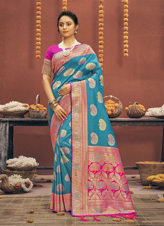 Classic Banarasi Silk Firozi Embroidered Saree