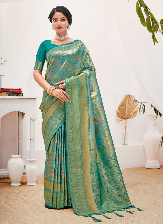 Designer Kanjivaram Silk Firozi Weaving Saree