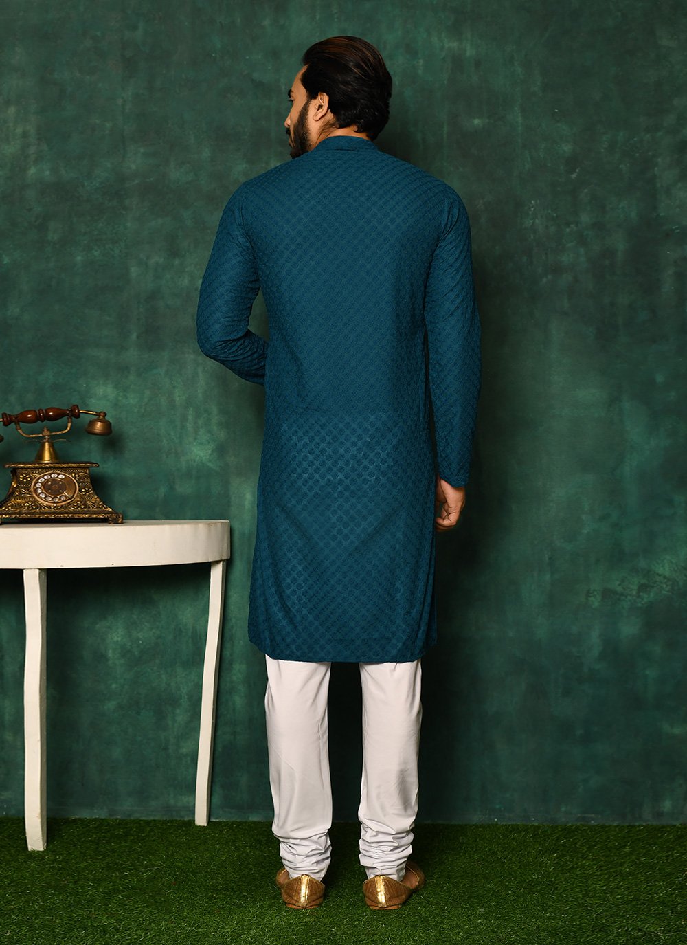 Kurta Pyjama Cotton Firozi Chikankari Work Mens