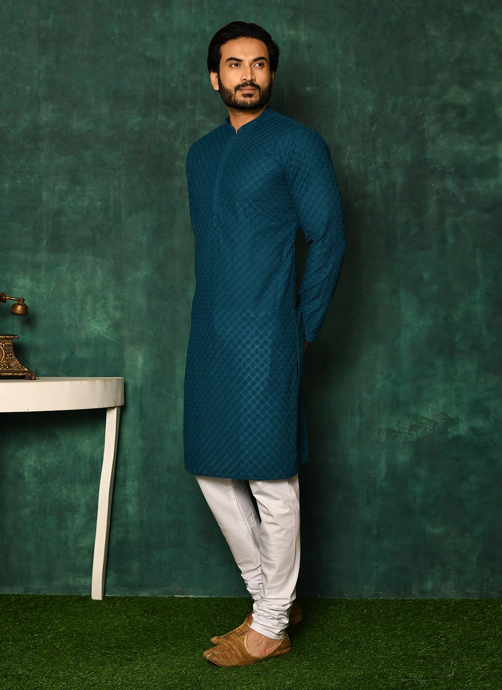 Kurta Pyjama Cotton Firozi Chikankari Work Mens