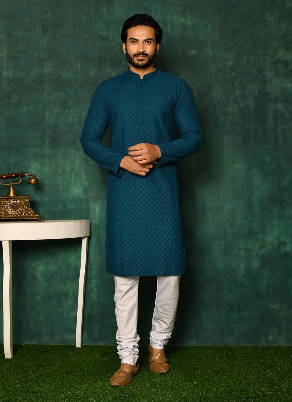 Kurta Pyjama Cotton Firozi Chikankari Work Mens