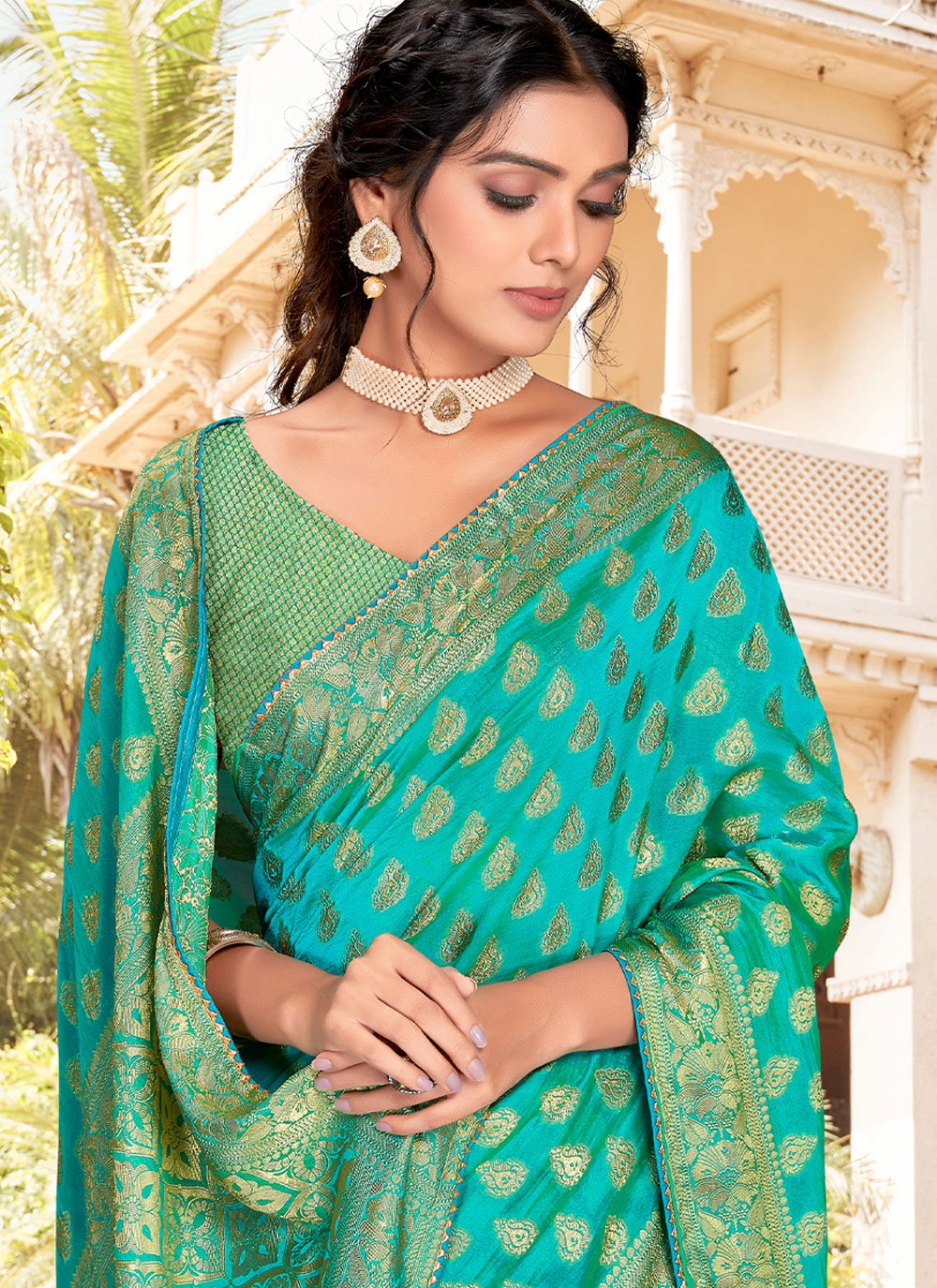 Classic Silk Firozi Patch Border Saree