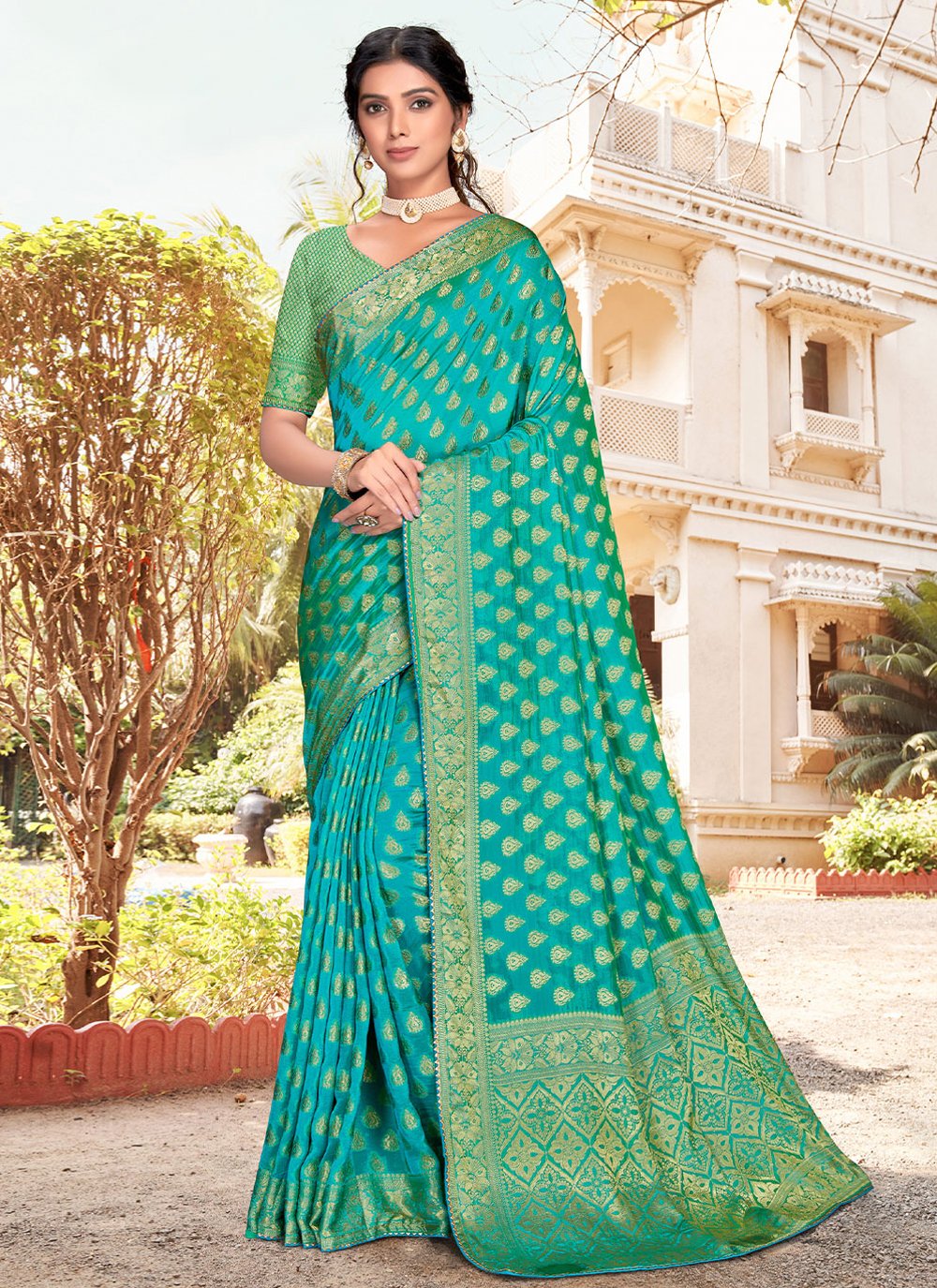 Classic Silk Firozi Patch Border Saree