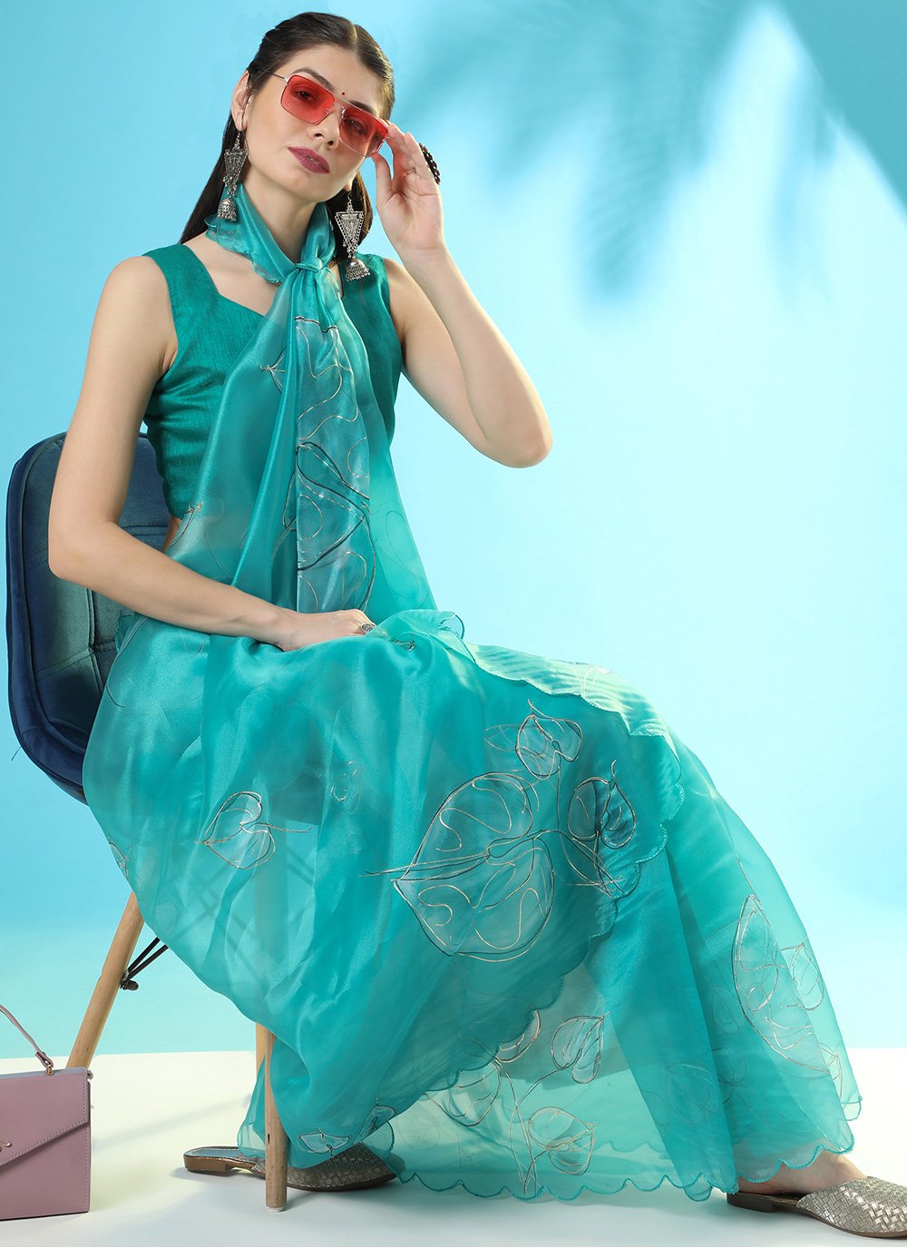 Classic Organza Silk Firozi Digital Print Saree