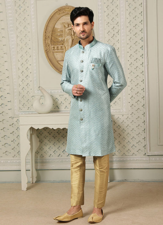 Indo Western Art Silk Firozi Embroidered Mens