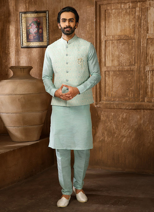 Kurta Payjama With Jacket Art Banarasi Silk Firozi Embroidered Mens