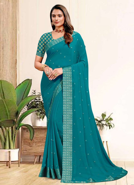 Trendy Saree Georgette Firozi Embroidered Saree