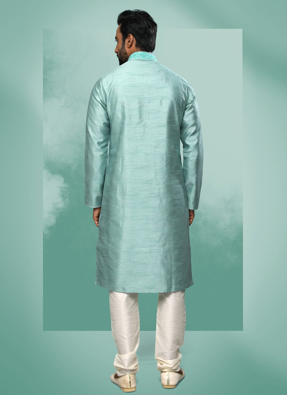 Kurta Pyjama Art Silk Firozi Embroidered Mens