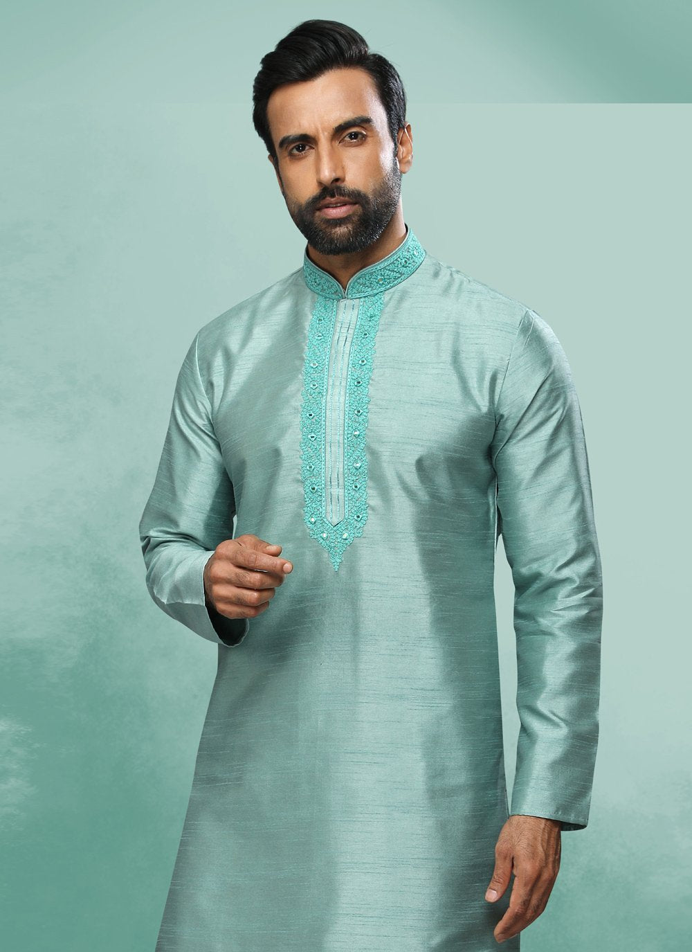 Kurta Pyjama Art Silk Firozi Embroidered Mens