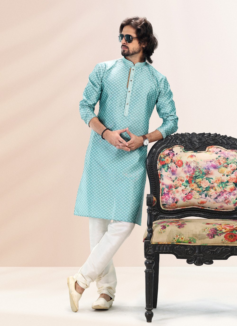 Kurta Pyjama Banarasi Silk Jacquard Firozi Fancy Work Mens