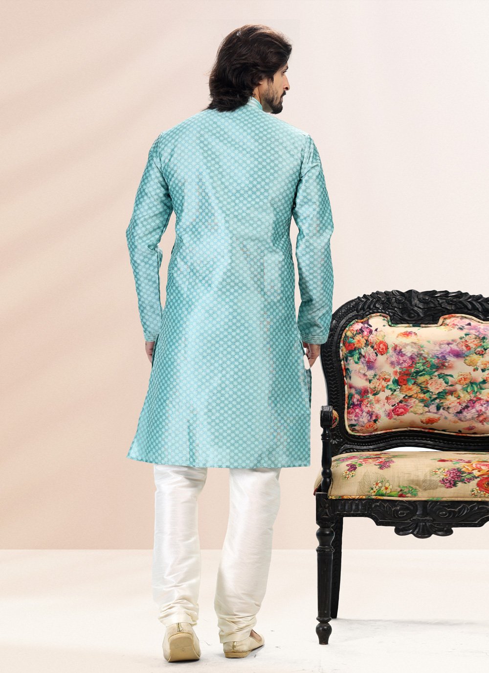 Kurta Pyjama Banarasi Silk Jacquard Firozi Fancy Work Mens