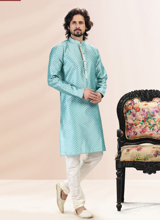 Kurta Pyjama Banarasi Silk Jacquard Firozi Fancy Work Mens