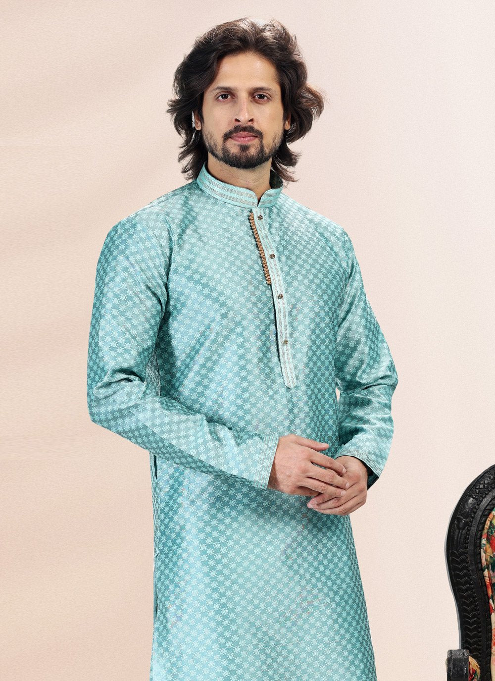 Kurta Pyjama Banarasi Silk Jacquard Firozi Fancy Work Mens