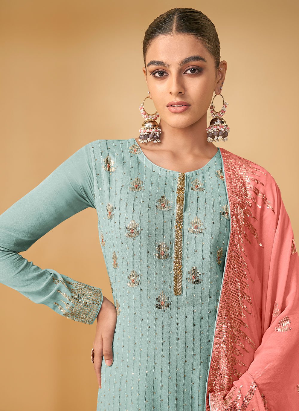 Salwar Suit Georgette Firozi Embroidered Salwar Kameez