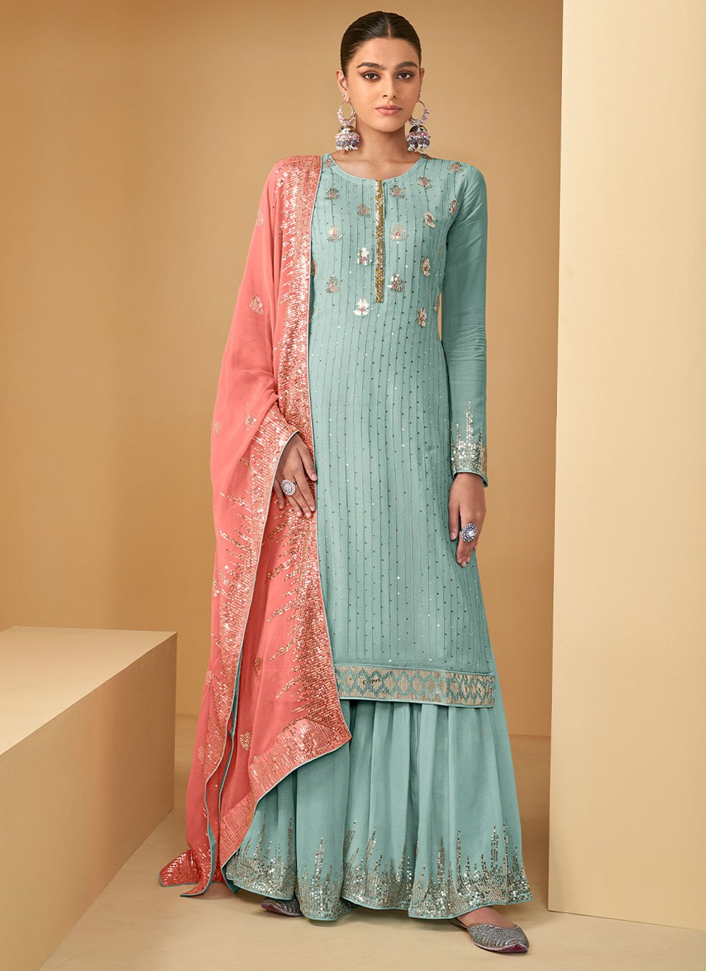 Salwar Suit Georgette Firozi Embroidered Salwar Kameez