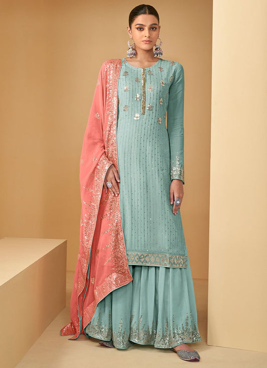 Salwar Suit Georgette Firozi Embroidered Salwar Kameez