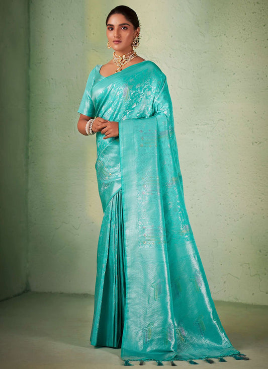 Classic Kanjivaram Silk Firozi Weaving Saree