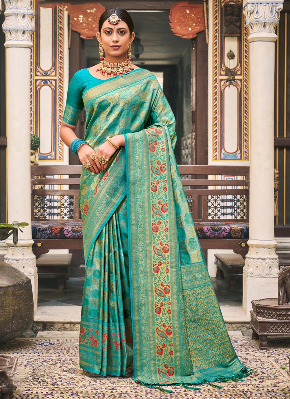 Traditional Saree Kanjivaram Silk Firozi Embroidered Saree