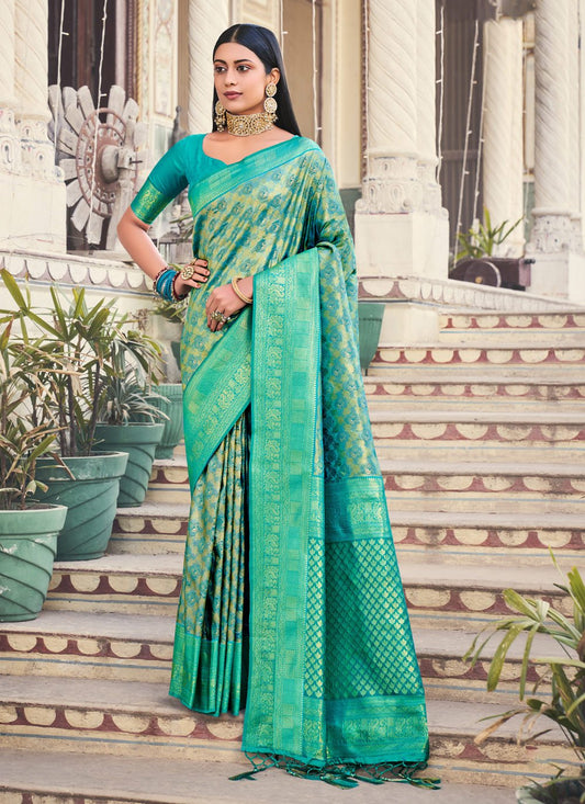 Traditional Saree Kanjivaram Silk Firozi Fancy Work Saree