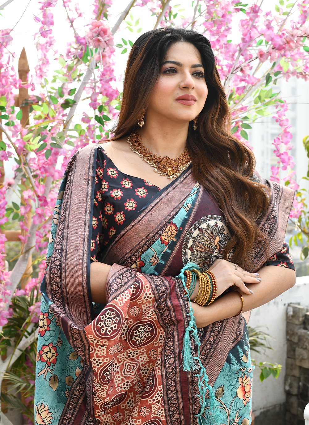 Classic Cotton Silk Firozi Print Saree