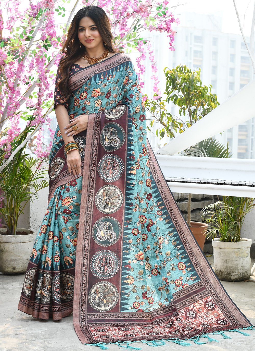 Classic Cotton Silk Firozi Print Saree